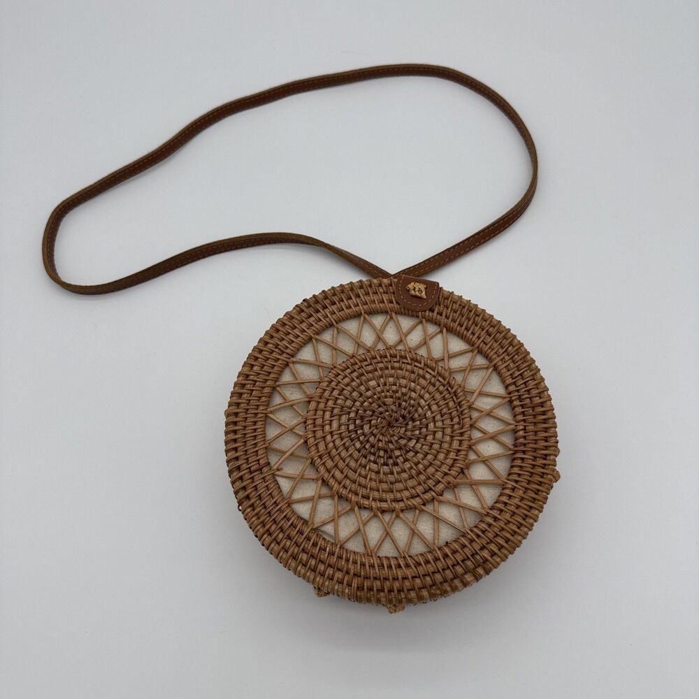 Round Canteen Style Rattan Straw Bag Wicker Purse Boho Bag Crossbody Coastal